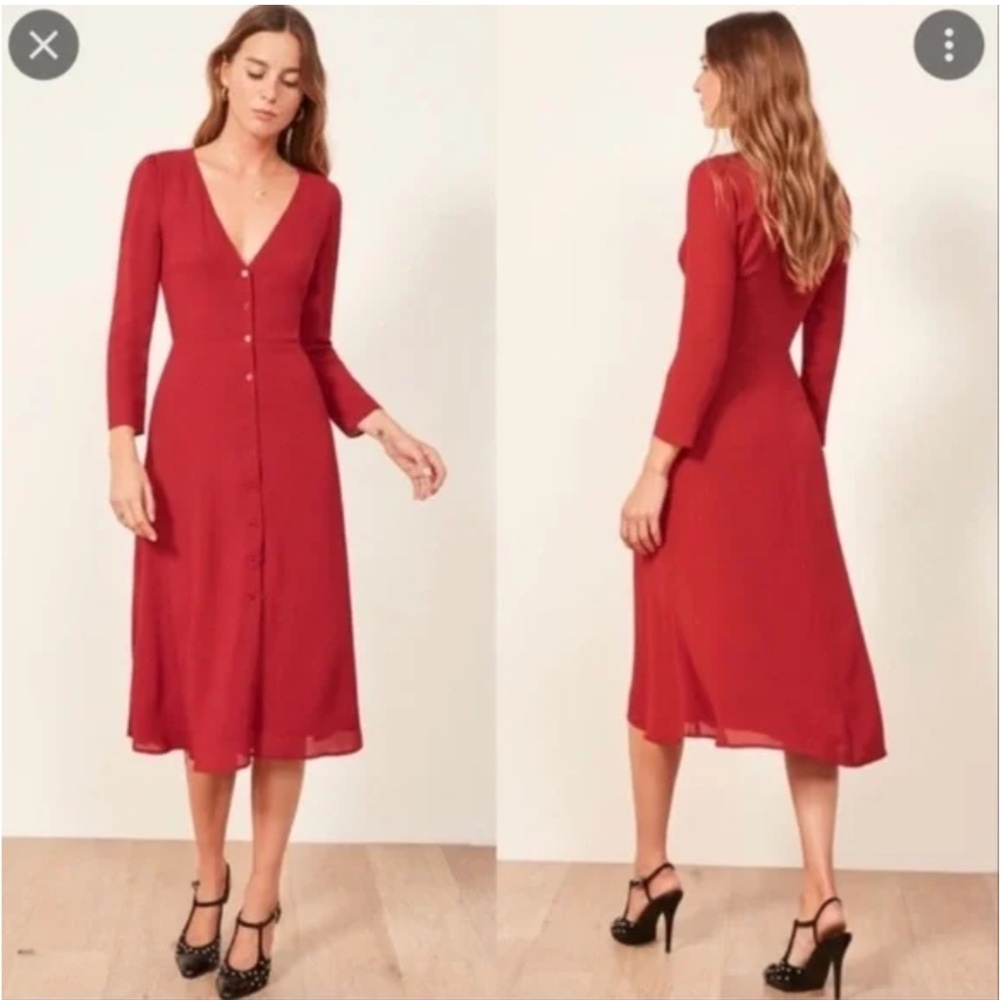 Reformation red long sleeves button down midi dress 4